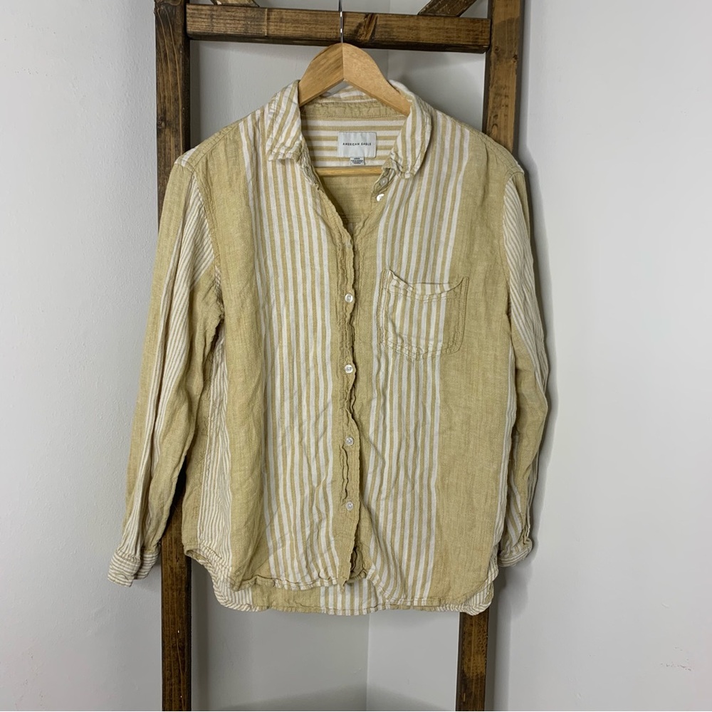 American Eagle Striped Beige Button Up Shirt Size S